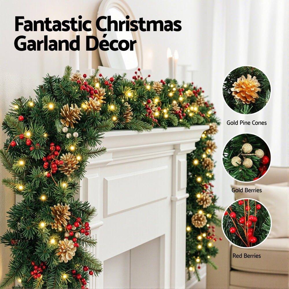 Jingle Jollys 1.8M Christmas Garland Pre - lit LED Pine Cones Berries Xmas Decor