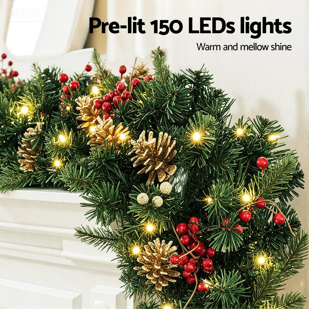 Jingle Jollys 1.8M Christmas Garland Pre - lit LED Pine Cones Berries Xmas Decor