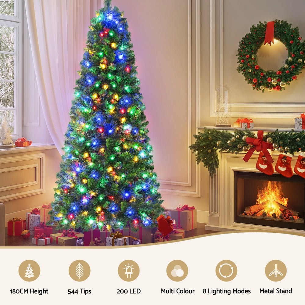 Jingle Jollys 1.8M Pre - lit Christmas Tree 8 Mode Multi Colour 200 LED Light Xmas