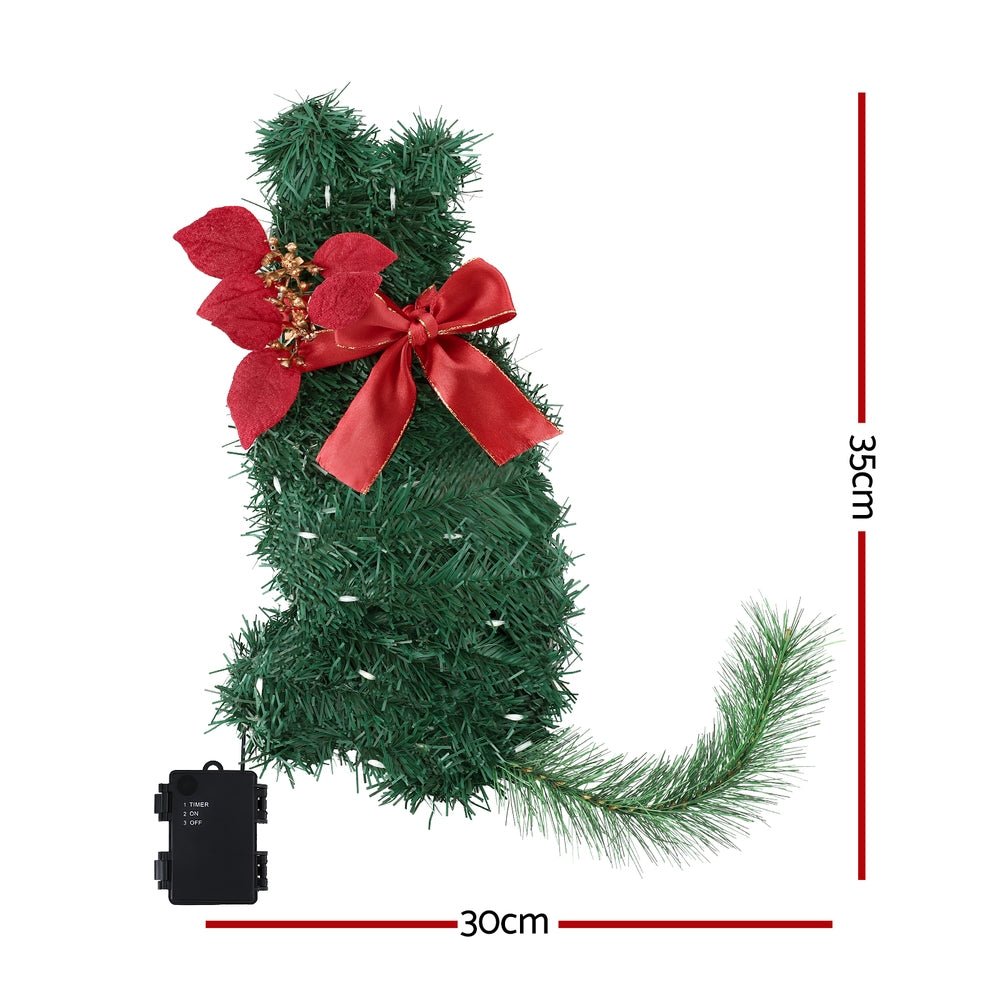 Jingle Jollys Cat Christmas Wreath Pre - lit 20 LED Xmas Decor Bow Flower 35x30cm