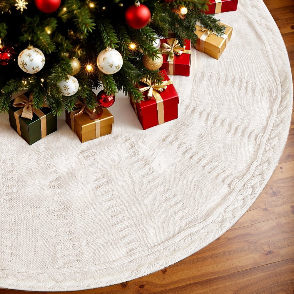 Jingle Jollys Christmas Tree Skirt 120cm Knitted Xmas Tree Ornaments Decor Beige