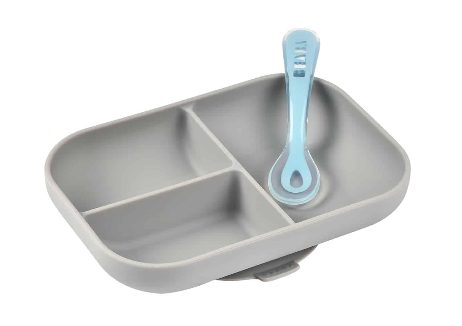 Beaba Silicone Suction Divided Plate & Spoon - Grey - '0812995016023 Toy Chest Australia 1