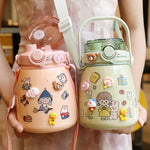 Toy Chest Australia kids water bottle set pastel pink and green with cartoon stickers shoulder strap