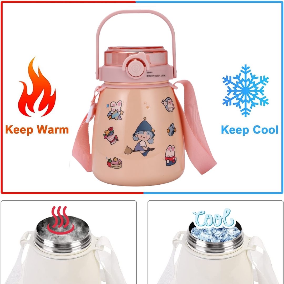 Toy Chest Australia pink insulated kids drinkware bottle with strap and cartoon characters for hot or cold drinks
