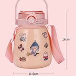 Toy Chest Australia pink kids water bottle with shoulder strap and cute cartoon wizard animal decals