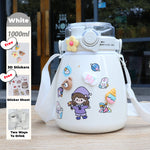 Toy Chest Australia white 1000ml kids water bottle with strap and cute 3D stickers flip lid two way drinking