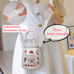 Kids water bottle with cute bear print and adjustable shoulder strap for hands free carrying