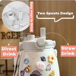 White kids water bottle drinkware with two spouts for direct drink or straw drink and cartoon stickers
