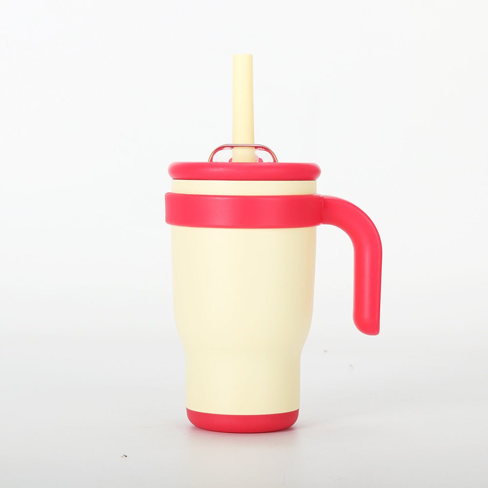 Beige - red 14oz Insulated Tumbler with Handle & Straw - 304 Stainless Steel Car Cup (Contrast Color)