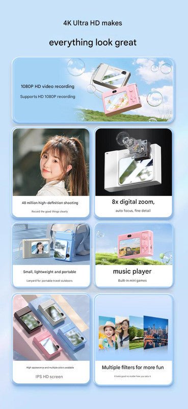 48MP Digital Camera for Kids & Beginners - 1080P Vlogging, 8x Zoom, Filters & Games(blue)