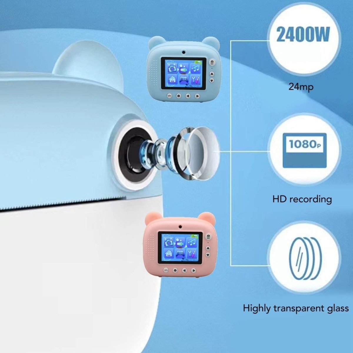 Instant Print Camera for Kids with Dual Lens and 2.4 - inch Screen - Blue