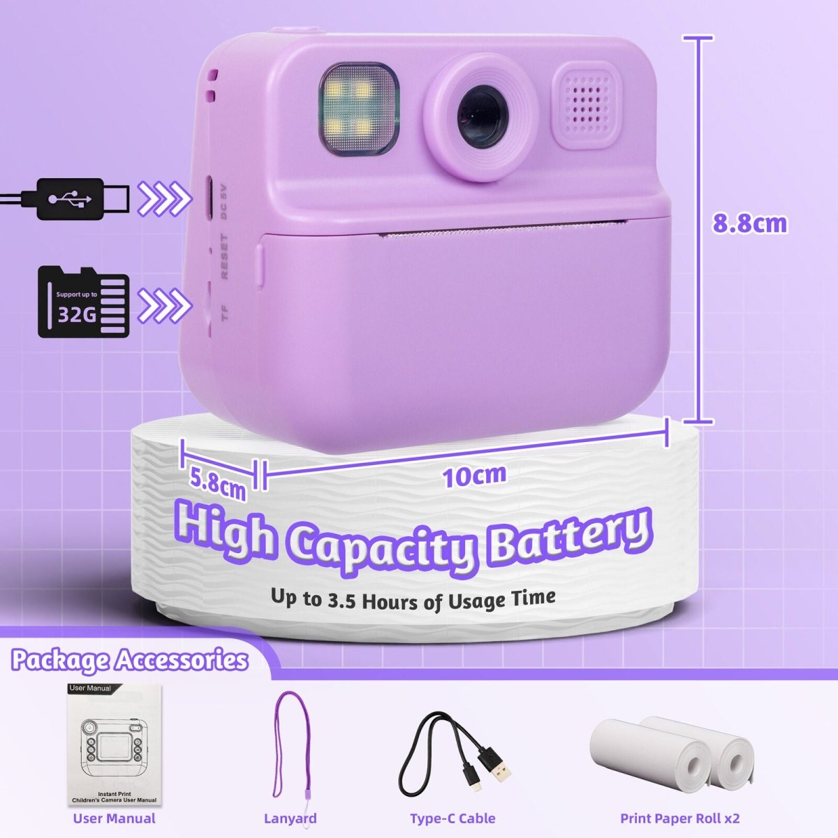 Kids 48MP Instant Print Camera with Dual Lens and 1080P HD Video