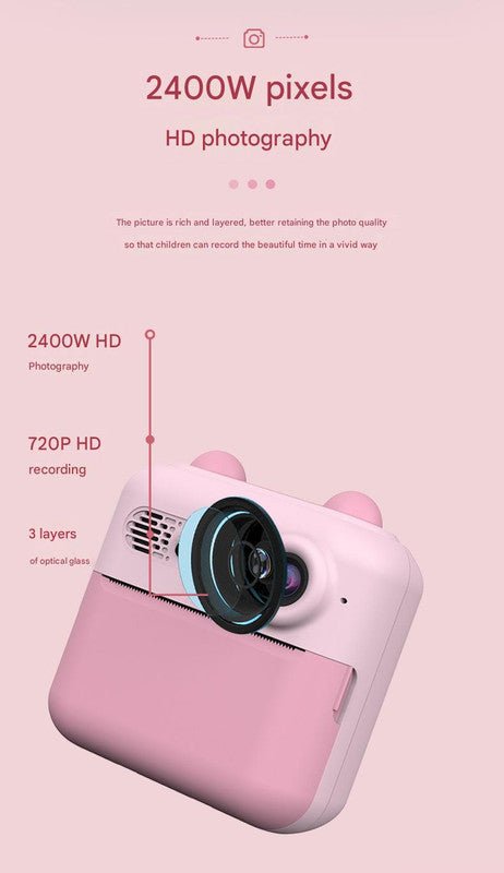 Kids Instant Print Digital Camera with 180° Flip Lens - 24MP Photos, 720P Video & Doodle Fun(pink)