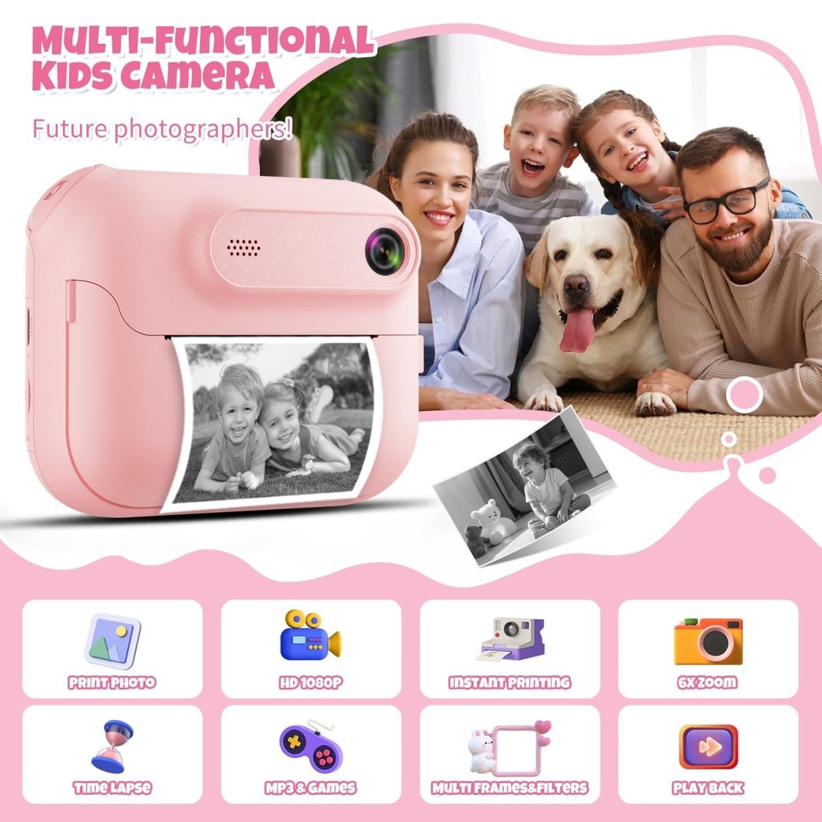 Kids Multi - Functional Camera Toy - Instant B&W Printing & Creative Stickers(blue)