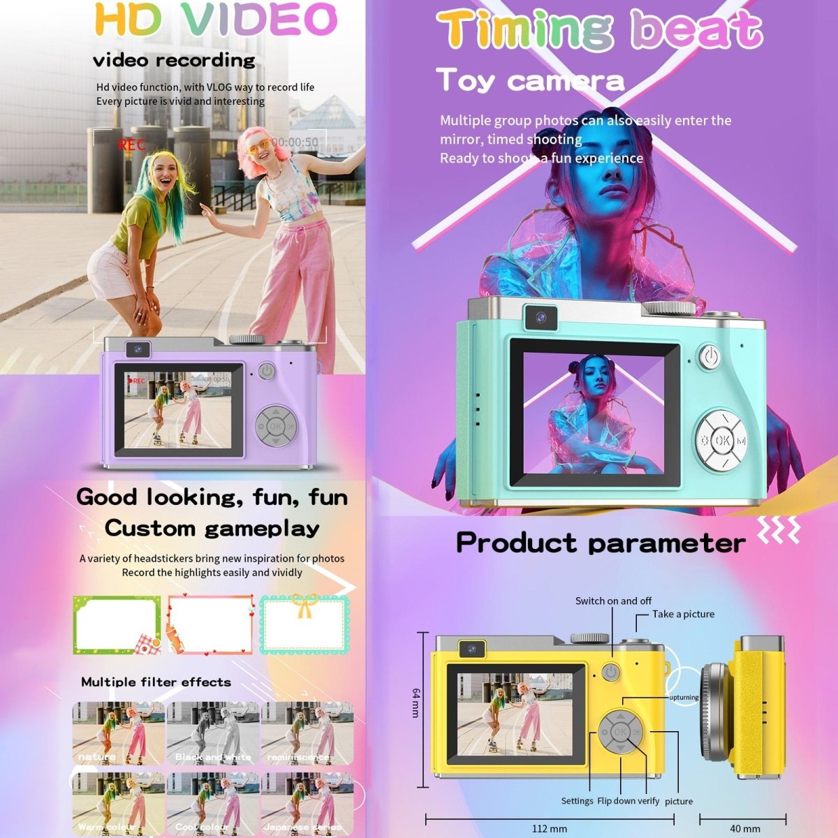 Retro Kids Camera With Dual - Lens 4K Hd Ccd - 2.4 Inch - Purple