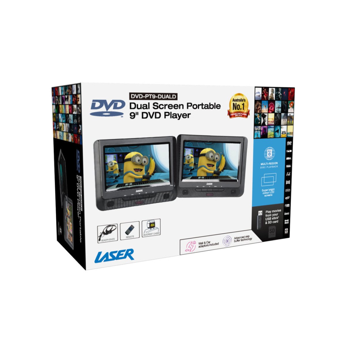 Laser 9 Inch Dual Screen DVD Player Black