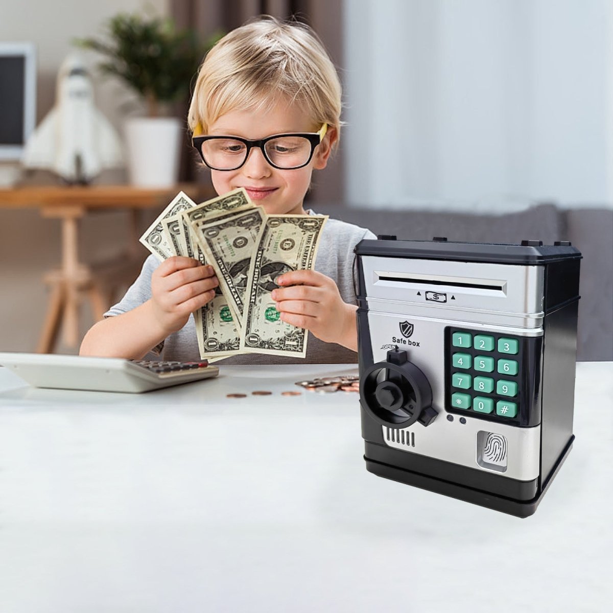 Electronic Piggy Bank Safe Box for Kids - Automatic Bill & Coin Bank with Password Protection, Music & Lights(black)