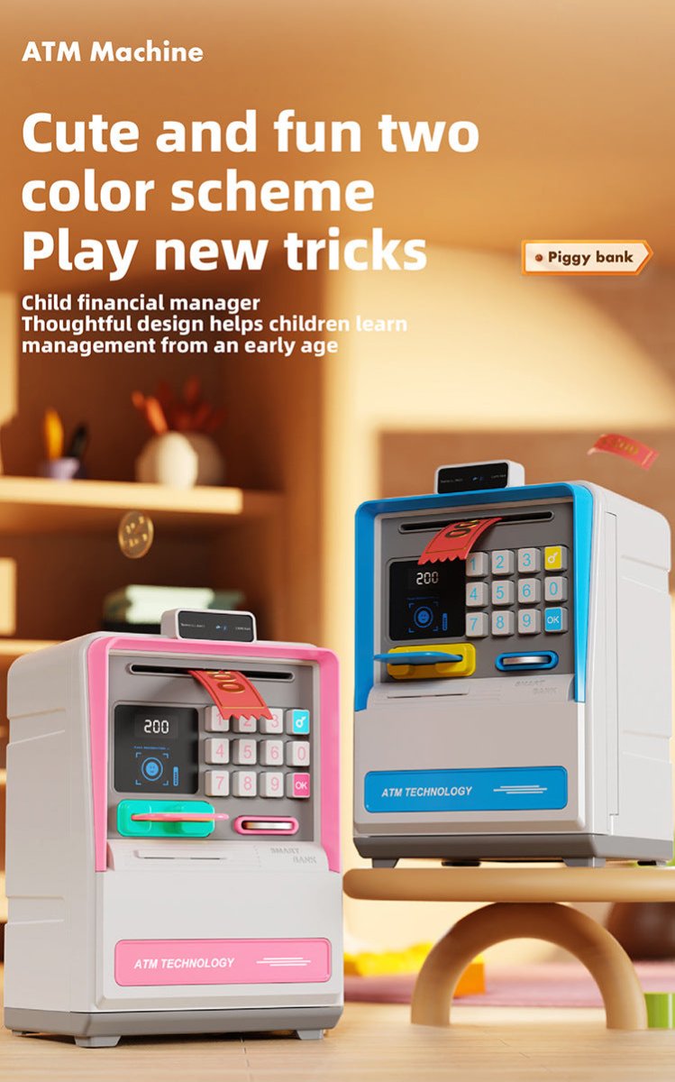 Kids Electronic ATM Piggy Bank with Simulated Facial Recognition & Password - Auto Roll - in Banknote & Coin Money Box for Financial Learning(blue)