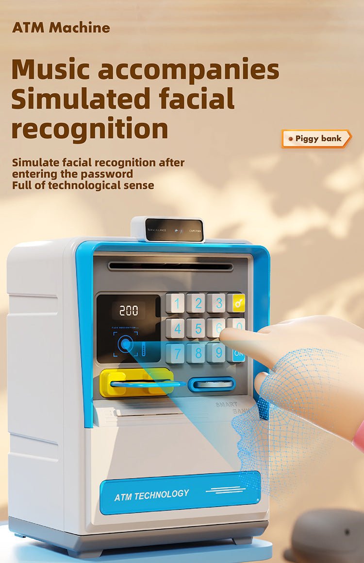 Kids Electronic ATM Piggy Bank with Simulated Facial Recognition & Password - Auto Roll - in Banknote & Coin Money Box for Financial Learning(blue)