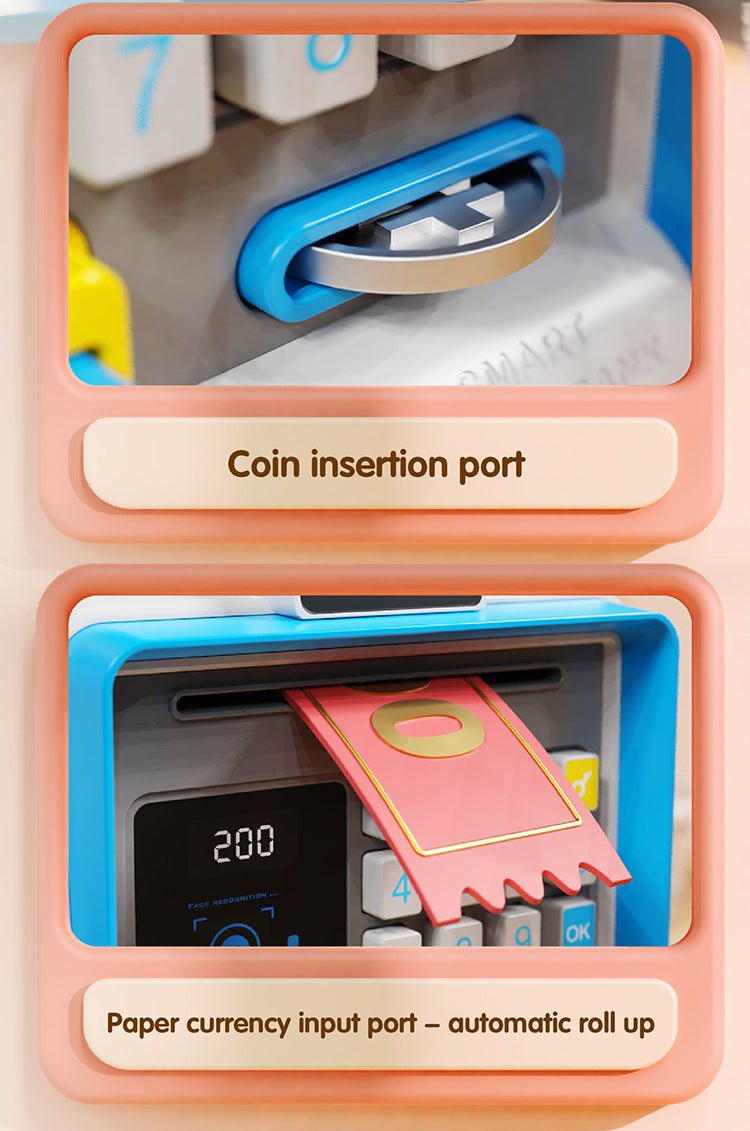 Kids Electronic ATM Piggy Bank with Simulated Facial Recognition & Password - Auto Roll - in Banknote & Coin Money Box for Financial Learning(blue)