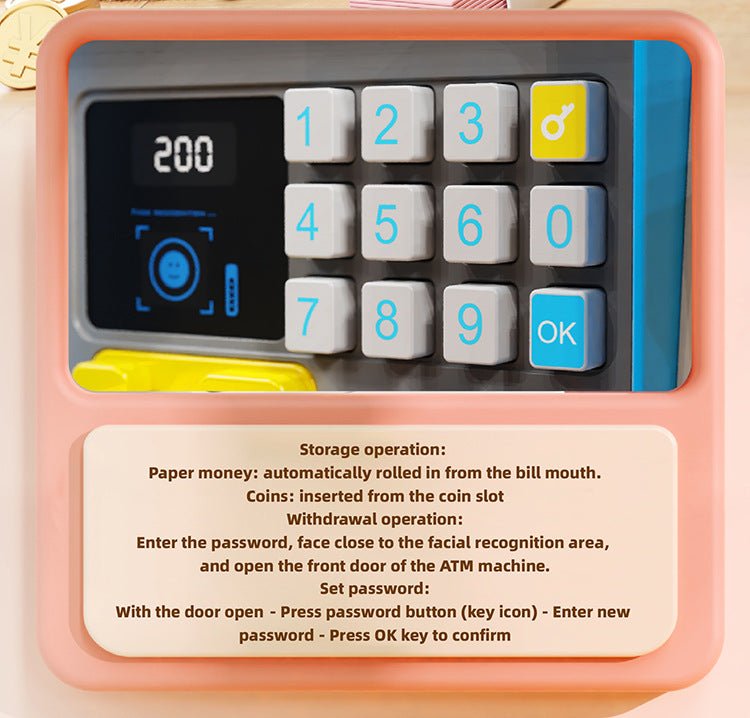 Kids Electronic ATM Piggy Bank with Simulated Facial Recognition & Password - Auto Roll - in Banknote & Coin Money Box for Financial Learning(blue)