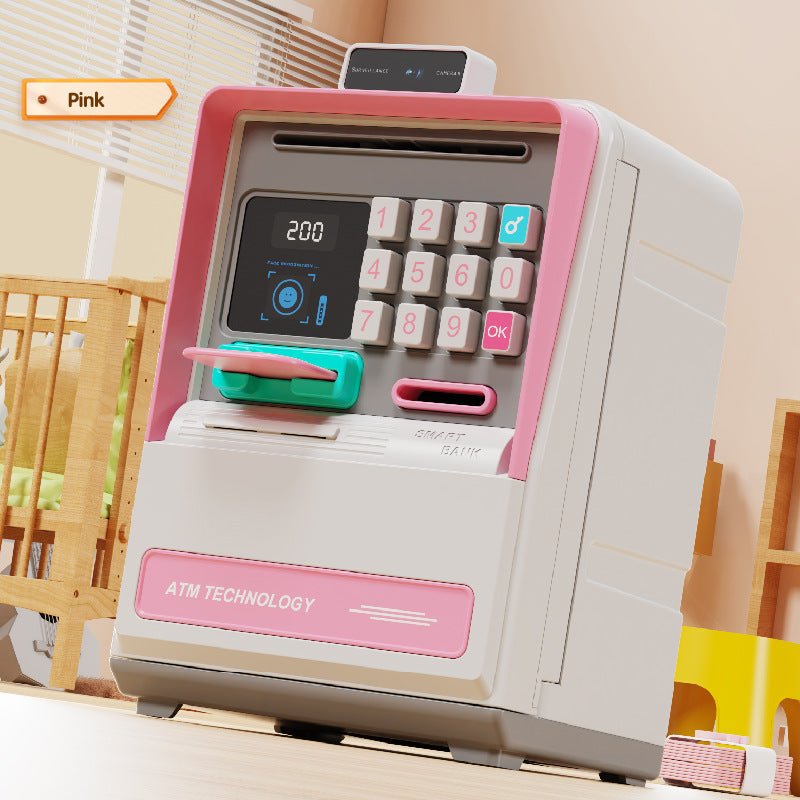 Kids Electronic ATM Piggy Bank with Simulated Facial Recognition & Password - Auto Roll - in Banknote & Coin Money Box for Financial Learning(pink)