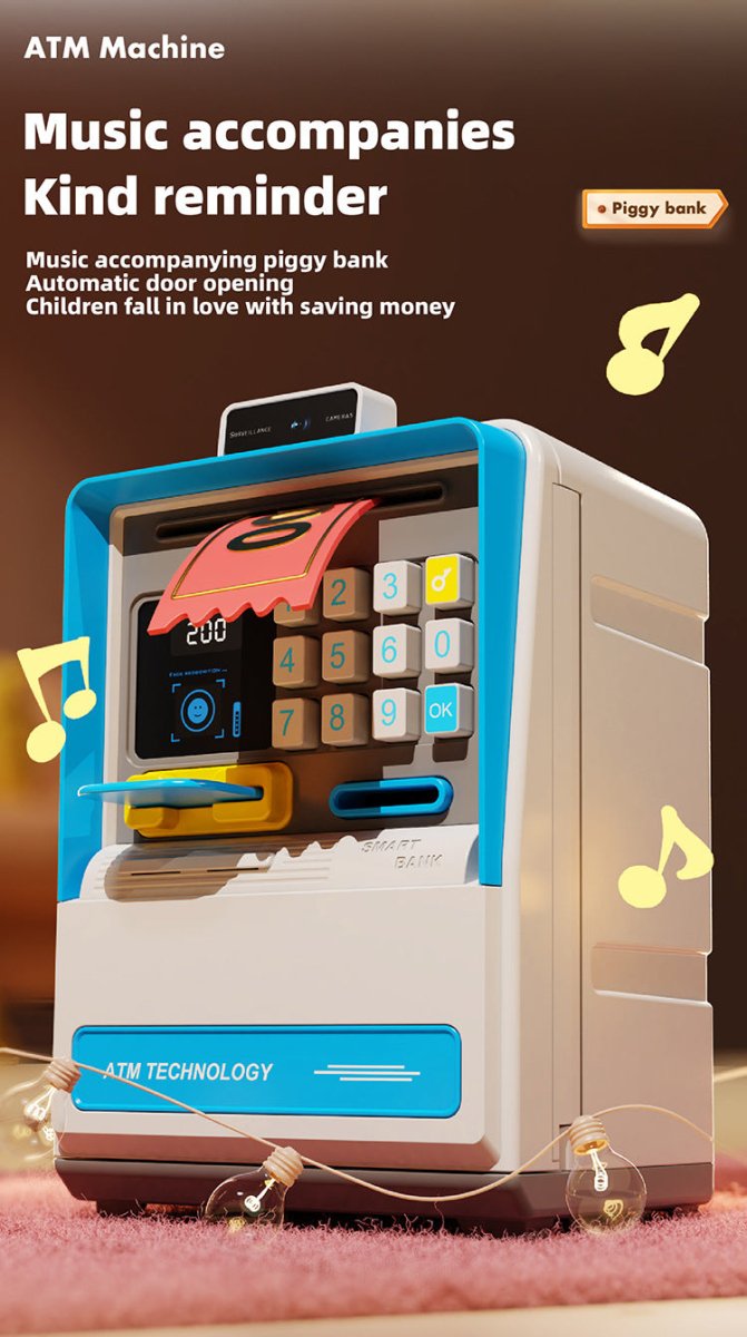 Kids Electronic ATM Piggy Bank with Simulated Facial Recognition & Password - Auto Roll - in Banknote & Coin Money Box for Financial Learning(pink)