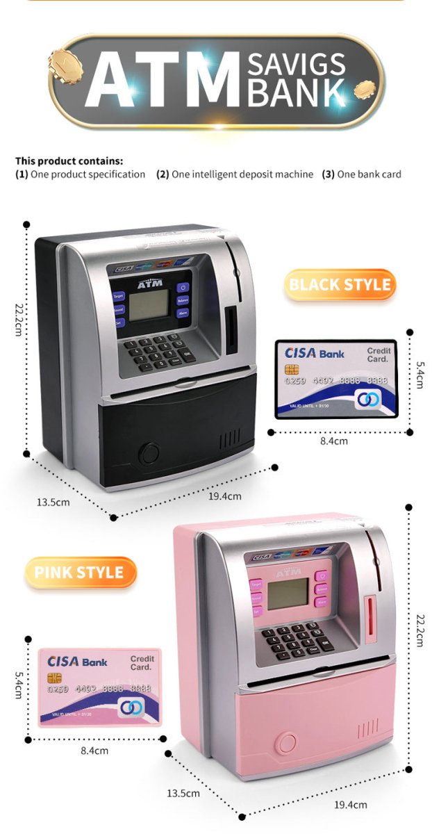 Kids Electronic ATM Savings Bank - Digital Piggy Bank with Password, Auto Roll - in Banknotes & Coin Slot for Financial Learning Fun(black)