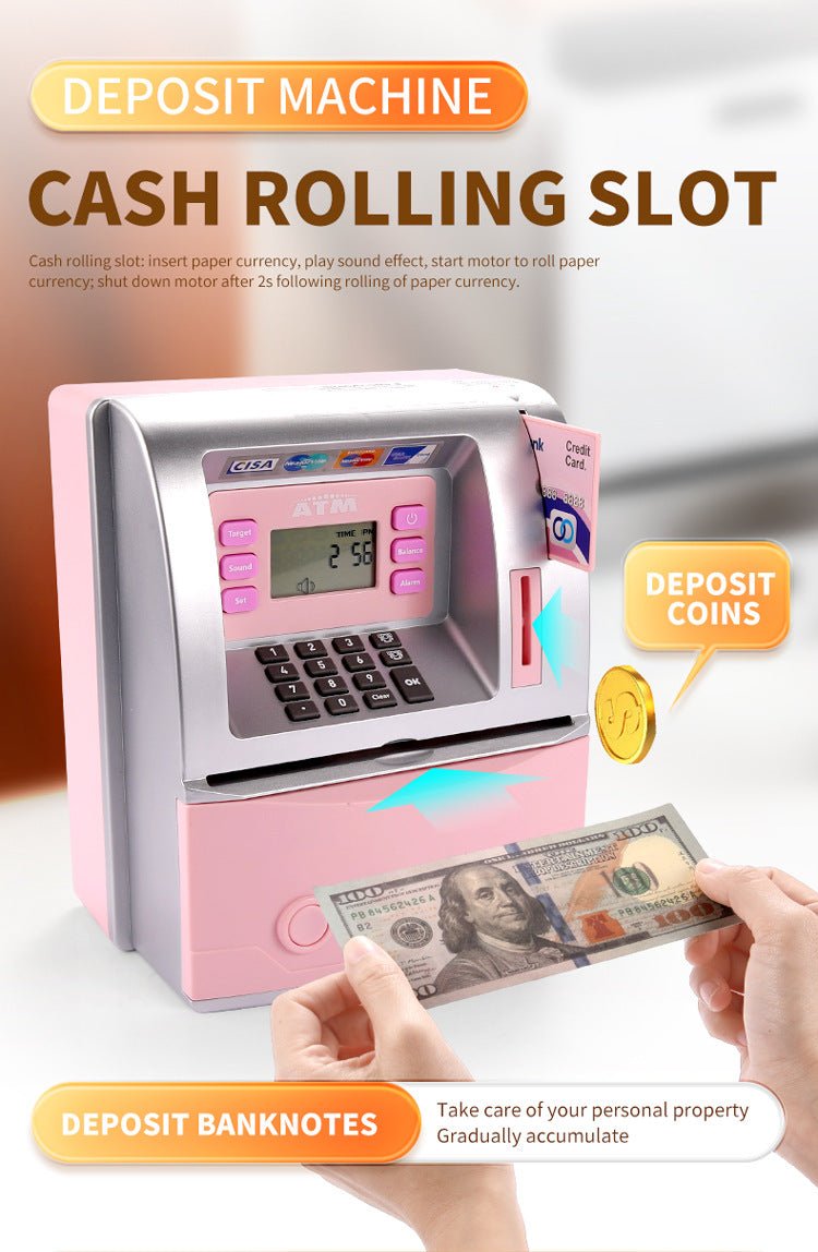 Kids Electronic ATM Savings Bank - Digital Piggy Bank with Password, Auto Roll - in Banknotes & Coin Slot for Financial Learning Fun(pink)