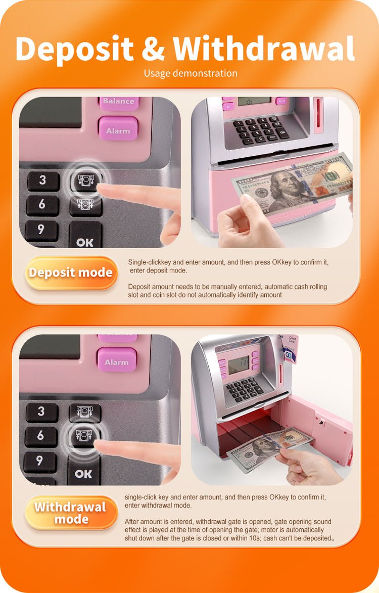 Kids Electronic ATM Savings Bank - Digital Piggy Bank with Password, Auto Roll - in Banknotes & Coin Slot for Financial Learning Fun(pink)
