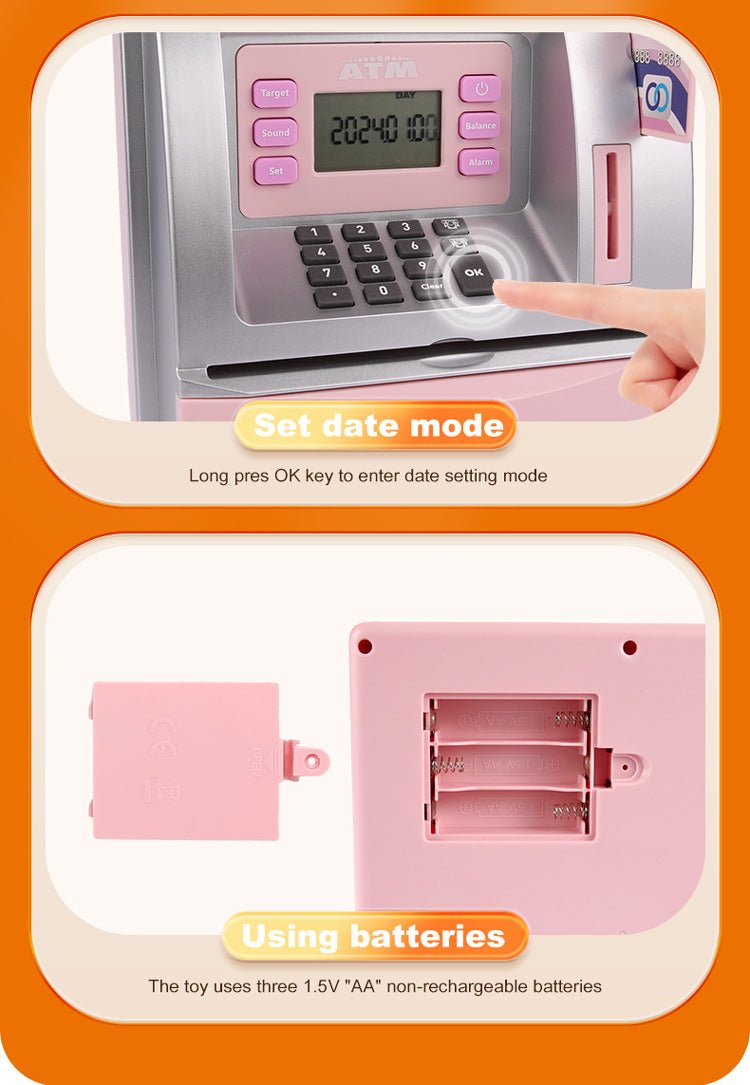 Kids Electronic ATM Savings Bank - Digital Piggy Bank with Password, Auto Roll - in Banknotes & Coin Slot for Financial Learning Fun(pink)
