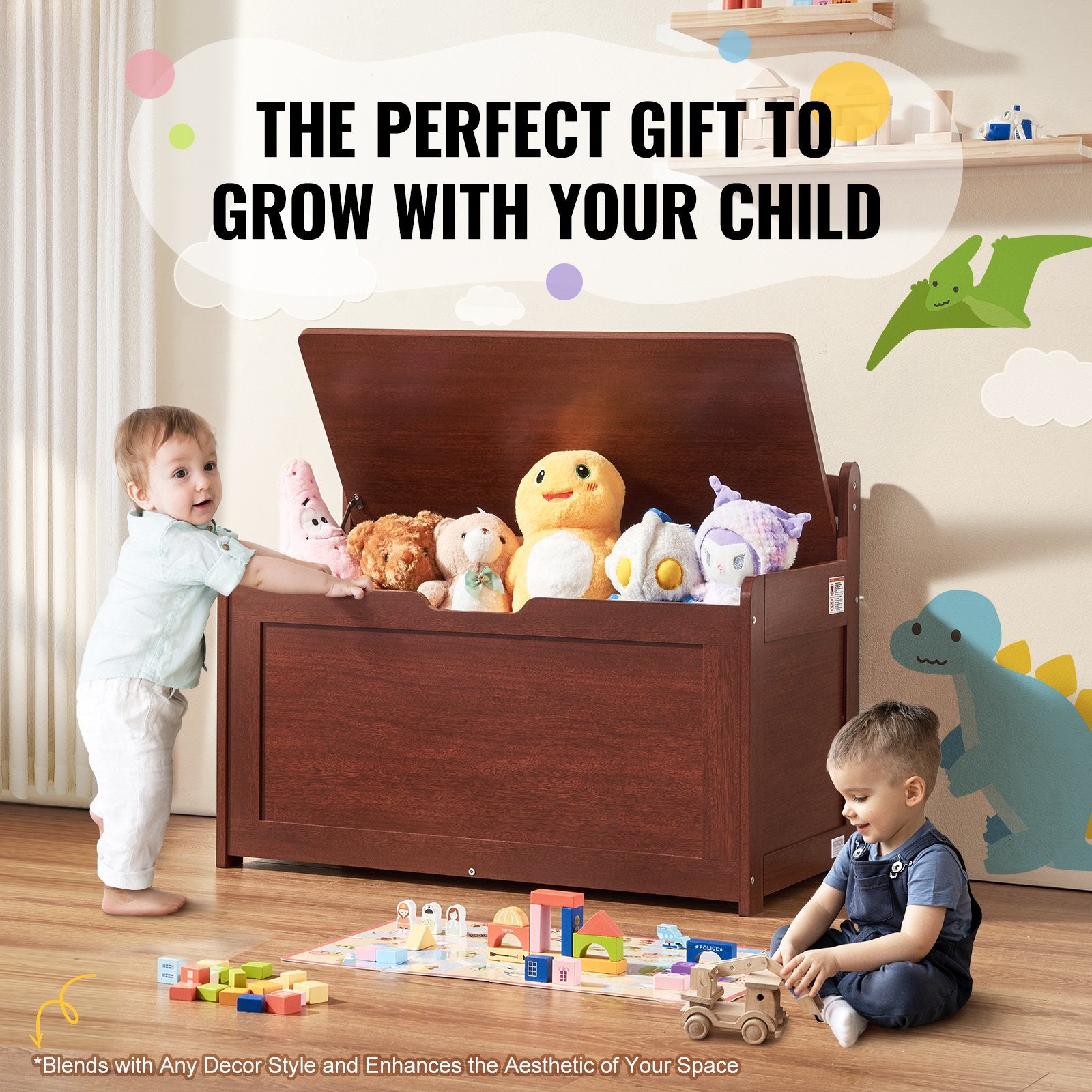 VEVOR Kids Toy Storage Bench Wooden Toy Box Chest 32.68 x 17.91 x 24.02" Cherry