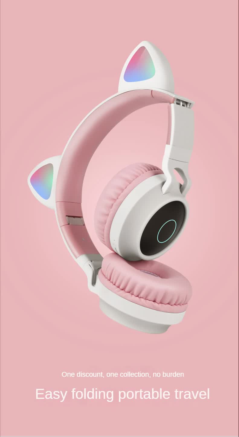 Pink Cat Ear Bluetooth Headphones with LED Lights - Wireless, Foldable