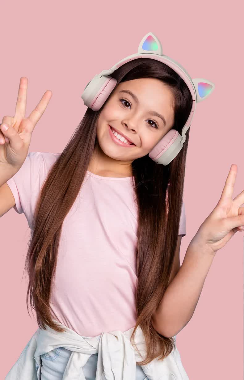 Pink Cat Ear Bluetooth Headphones with LED Lights - Wireless, Foldable