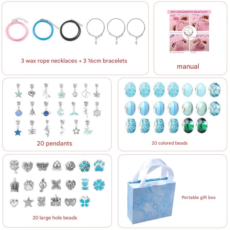 Unicorn DIY Beaded Bracelet Kit for Kids - Blue Crystal Beads and Charms Jewelry Set with Gift Box