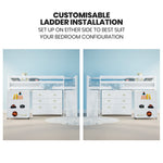 KINGSTON SLUMBER Wooden Kids Single Loft Bed Frame with Pull Out Desk, Storage Drawers, Cabinet - White