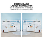 KINGSTON SLUMBER Wooden Kids Single Loft Bed Frame with Pull Out Desk, Storage Drawers - White