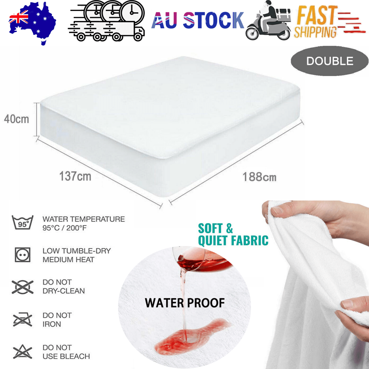 Fully Fitted Waterproof Cotton / Non Woven Mattress Protector Cover Double