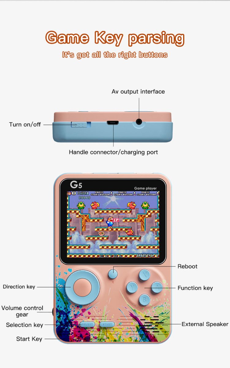 G5 Retro Handheld Game Console with 500 Classic Games - Sky Blue