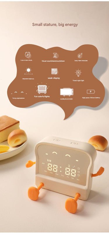 Adorable Toast - Shaped Digital Alarm Clock with Night Light & Phone Stand - Multifunctional Kids Clock(milky)