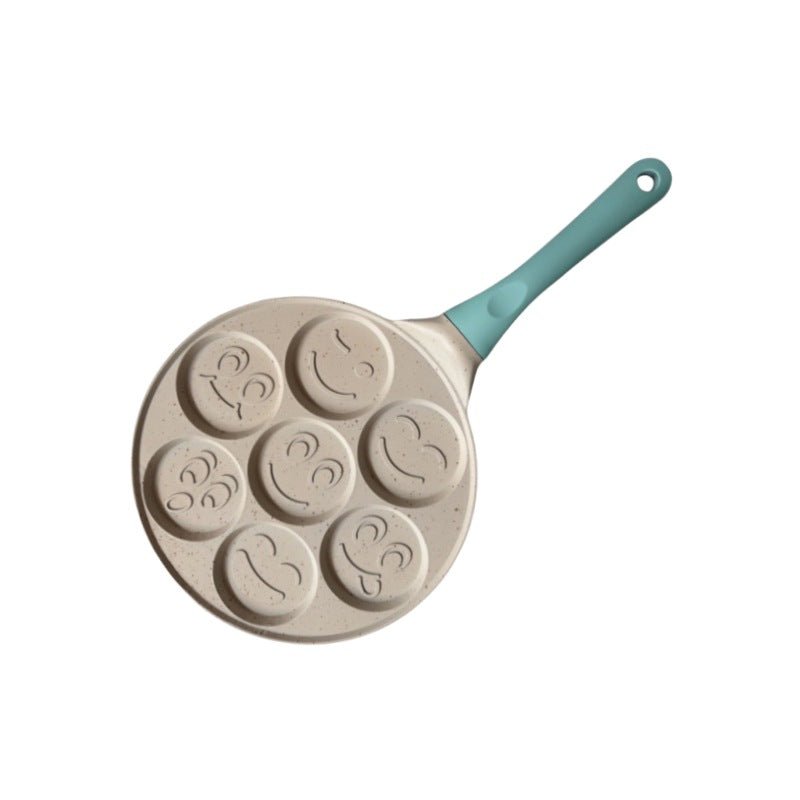 Beige Smiley + Blue Handle (Gas Model) Non - Stick Pancake Pan - 7 - Hole Fun Shapes Breakfast Griddle (27cm)