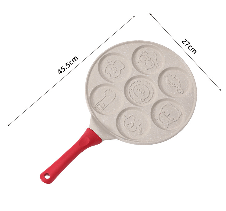 Beige Smiley + Blue Handle (Gas Model) Non - Stick Pancake Pan - 7 - Hole Fun Shapes Breakfast Griddle (27cm)