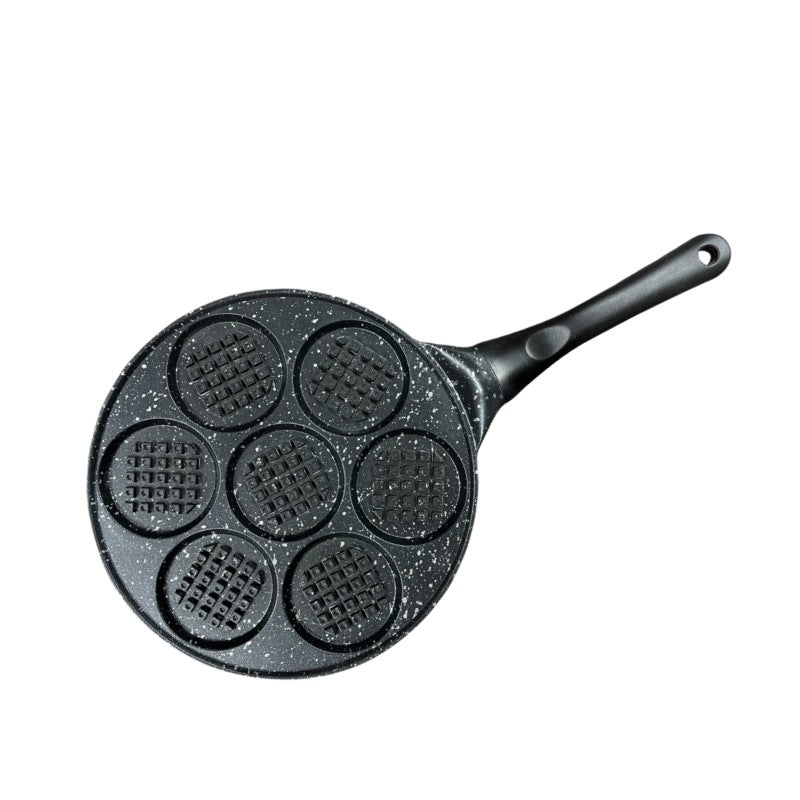 Black Waffle + Black Handle (Gas Model) Non - Stick Pancake Pan - 7 - Hole Fun Shapes Breakfast Griddle (27cm)