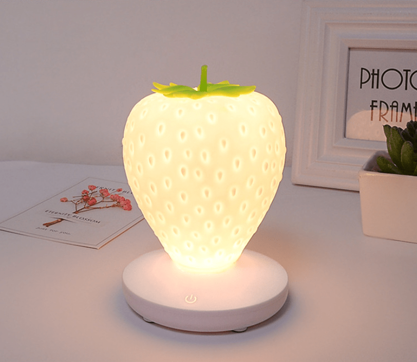 White Cute Silicone Strawberry Night Light - USB Rechargeable, Touch Control