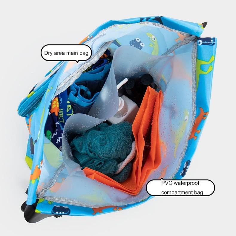 Blue Waterproof Drawstring Beach Bag L Size For Kids Wet & Dry Separation Shoulder Strap - Grey L