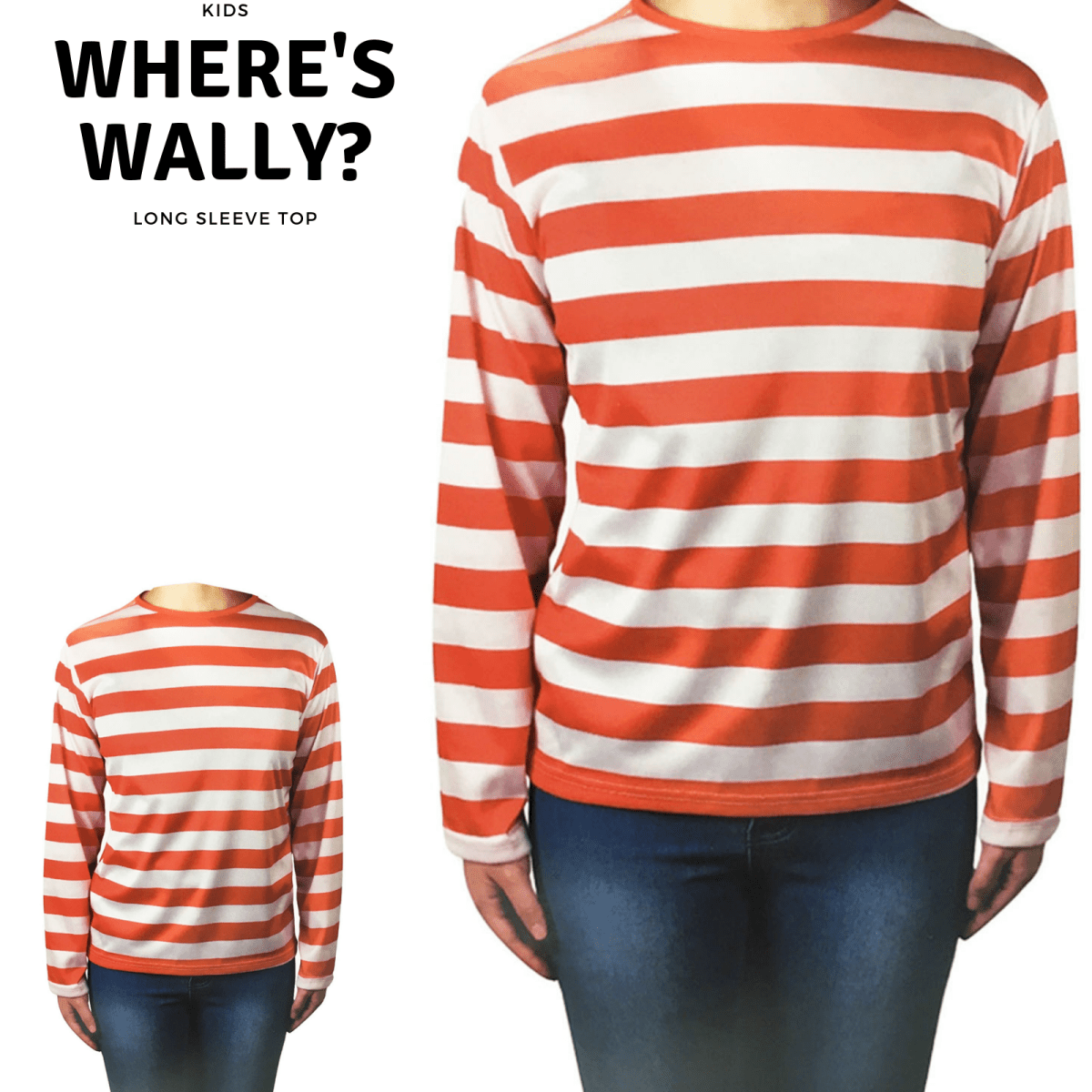 KIDS Red and White Striped Top Wenda Waldo Shirt Costume Party Book Week - Large (10 - 12 Years Old)