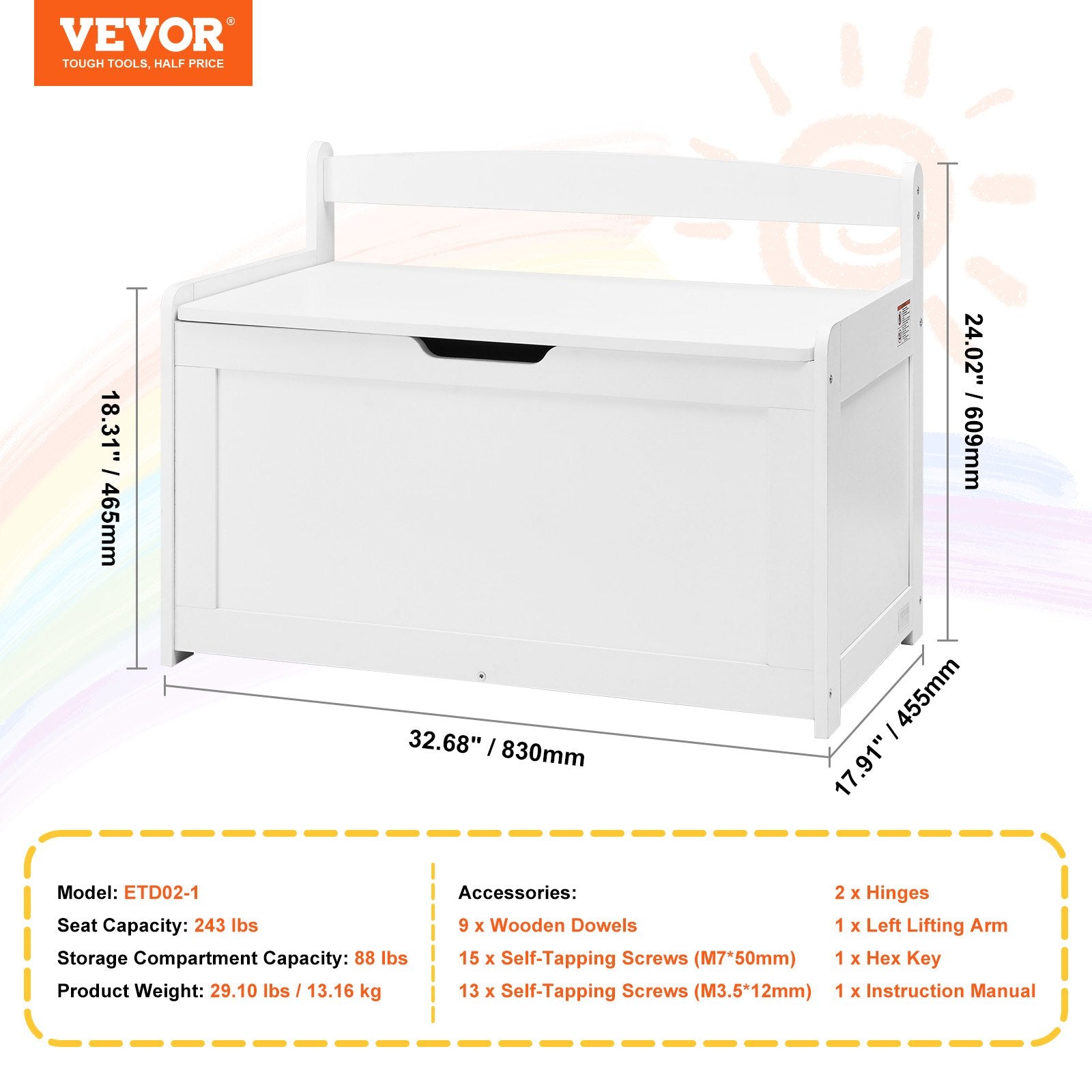 VEVOR Kids Toy Storage Bench Wooden Toy Box Chest 32.68 x 17.91 x 24.02" White
