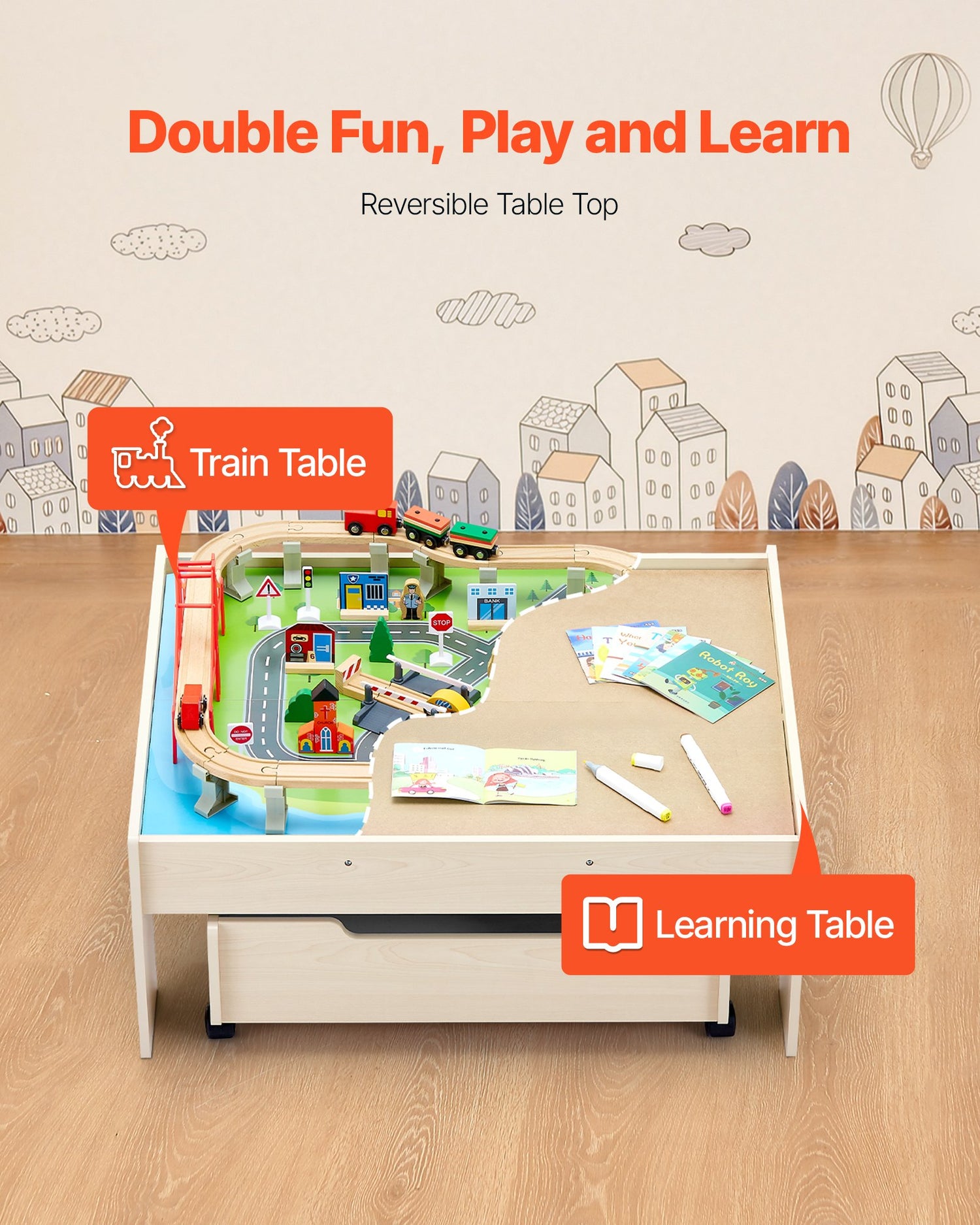 VEVOR Train Table 100 PCS Wooden Kids Activity Table with Rolling Storage Drawer