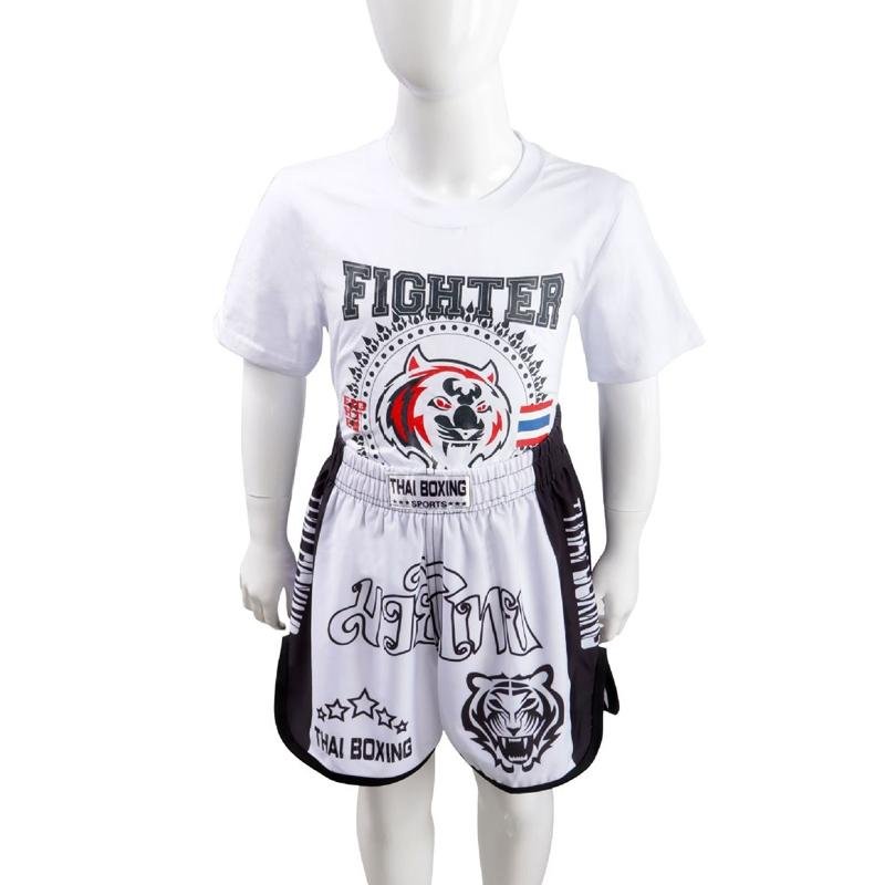 Kids Boxing Set - Sparring Shorts And Tights - Bright Green - Tiger Head White - M