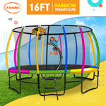 Kahuna 16ft Outdoor Trampoline Kids Children With Safety Enclosure Pad Mat Ladder Basketball Hoop Set - Rainbow